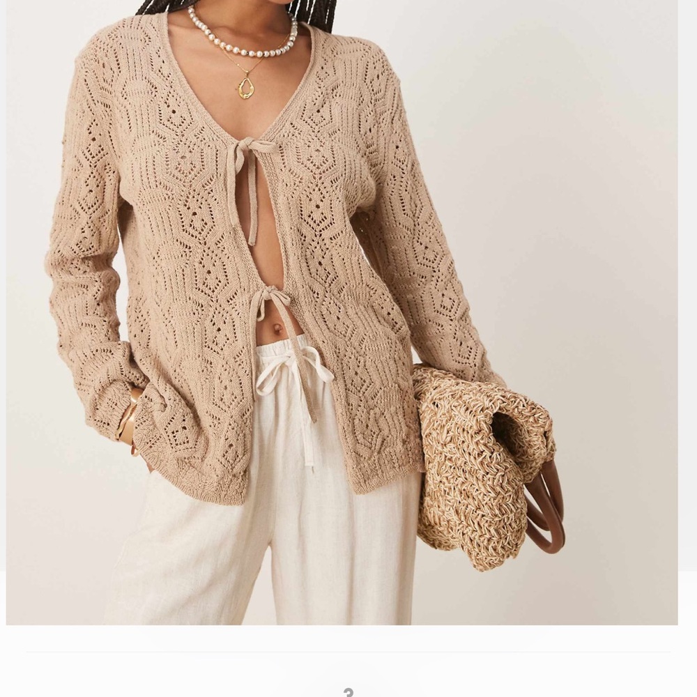 Tie Front Tan Crochet Sweater